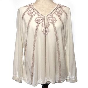 Chicos Sz 1 Boho Top Womens Sz 8 Cream Color Long Sleeve Embroidered Beaded